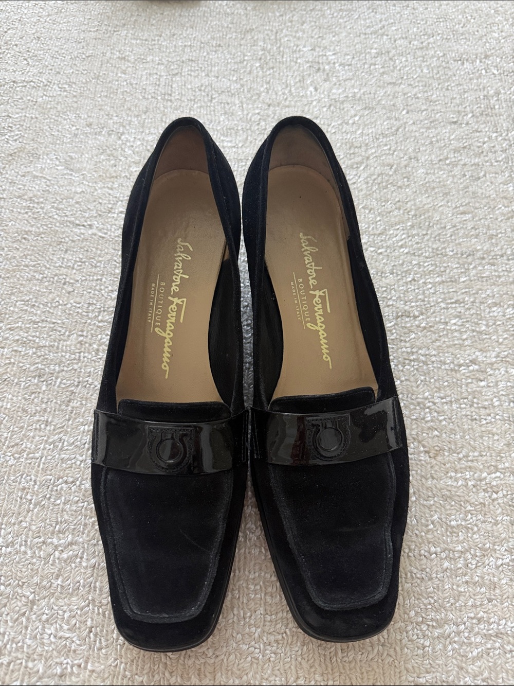 Salvatore Ferragamo Black Suede Wedge Loafers - size 7.5